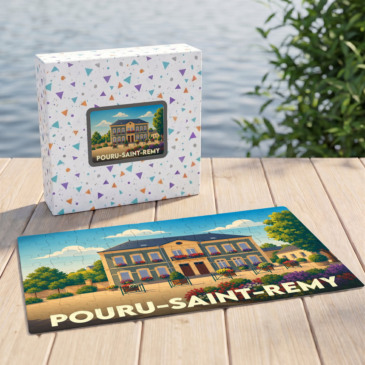 Puzzle souvenir de la ville de Pouru-Saint-Remy avec une illustration stylisée et colorée.