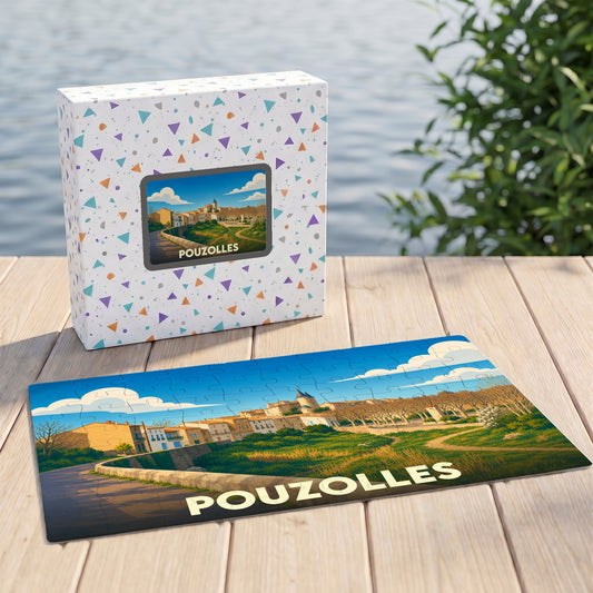Puzzle souvenir de la ville de Pouzolles avec une illustration stylisée et colorée.