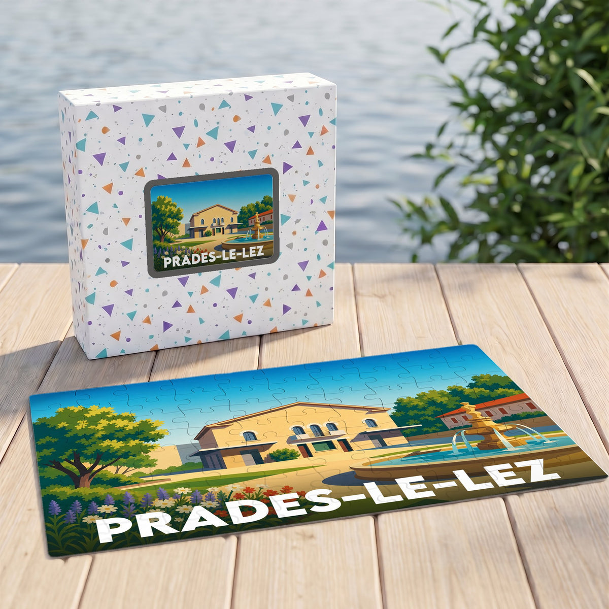 Puzzle souvenir de la ville de Prades-le-Lez avec une illustration stylisée et colorée.