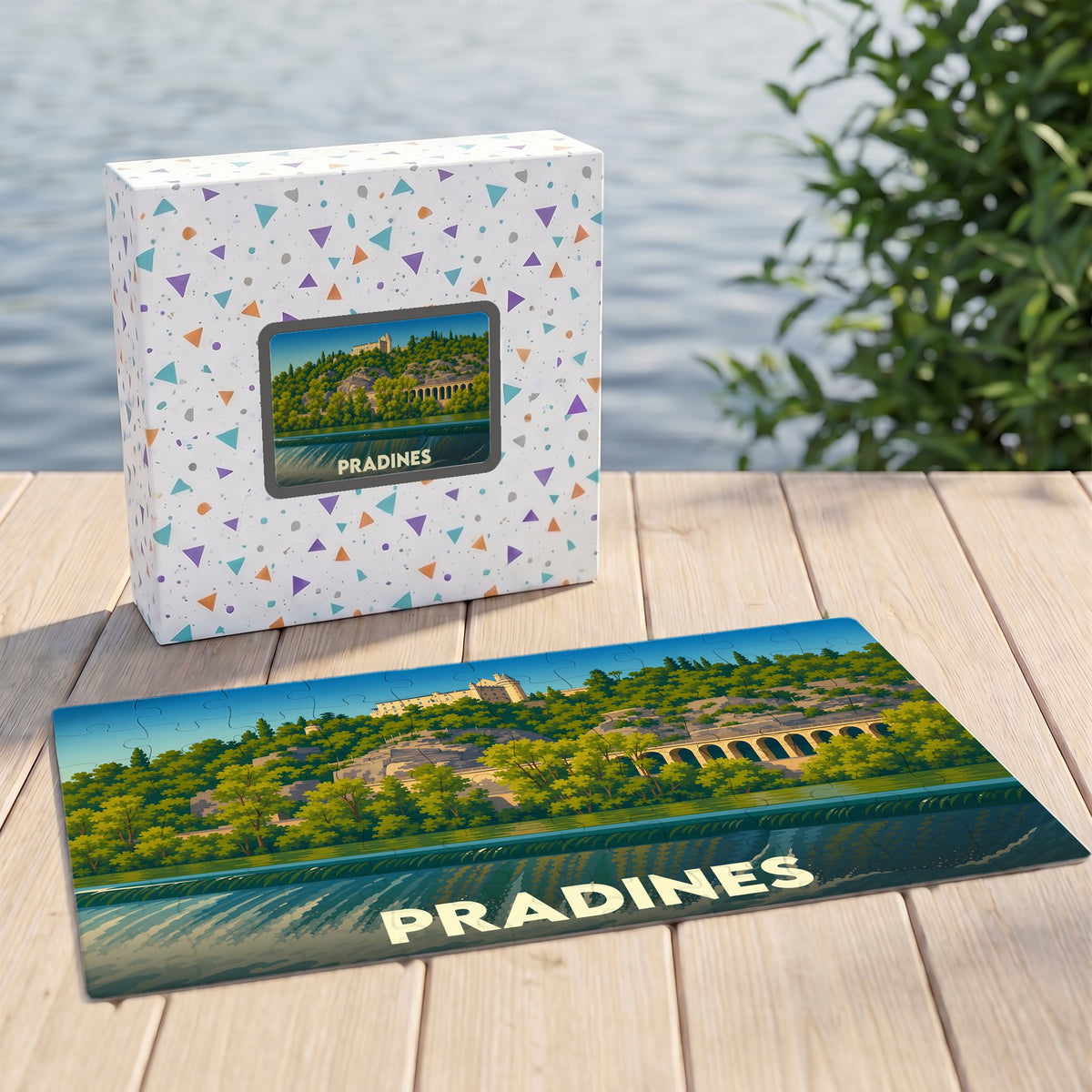 Puzzle souvenir de la ville de Pradines avec une illustration stylisée d'un paysage fluvial.