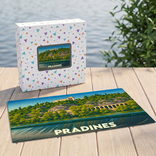Puzzle souvenir de la ville de Pradines avec une illustration stylisée d'un paysage fluvial.