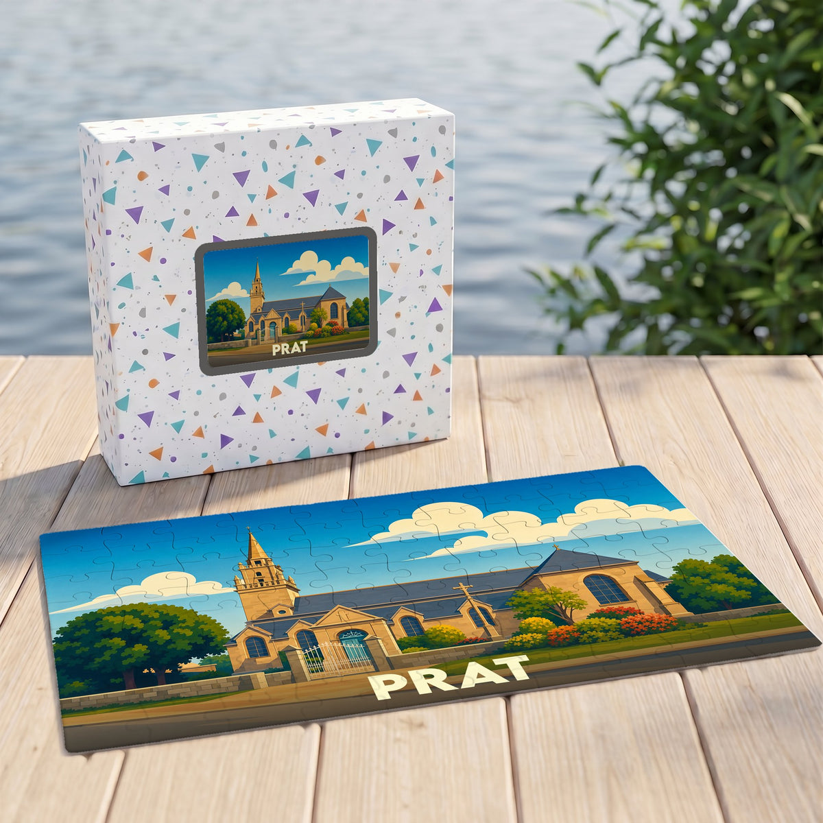 Puzzle souvenir de la ville de Prat avec une illustration stylisée d'une église sous un ciel bleu.