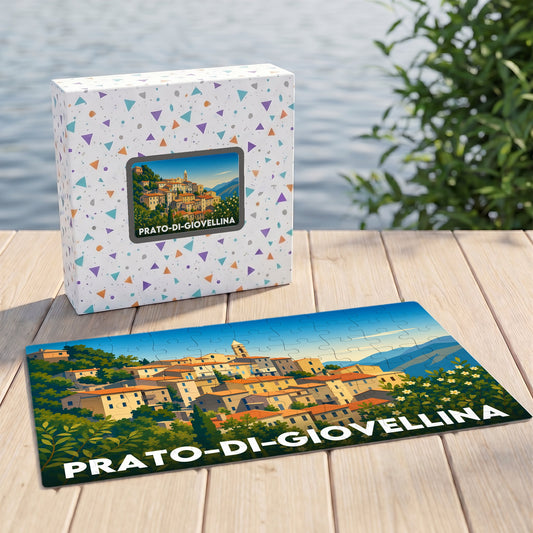 Puzzle souvenir de la ville de Prato-di-Giovellina avec son coffret illustré d'un paysage stylisé.