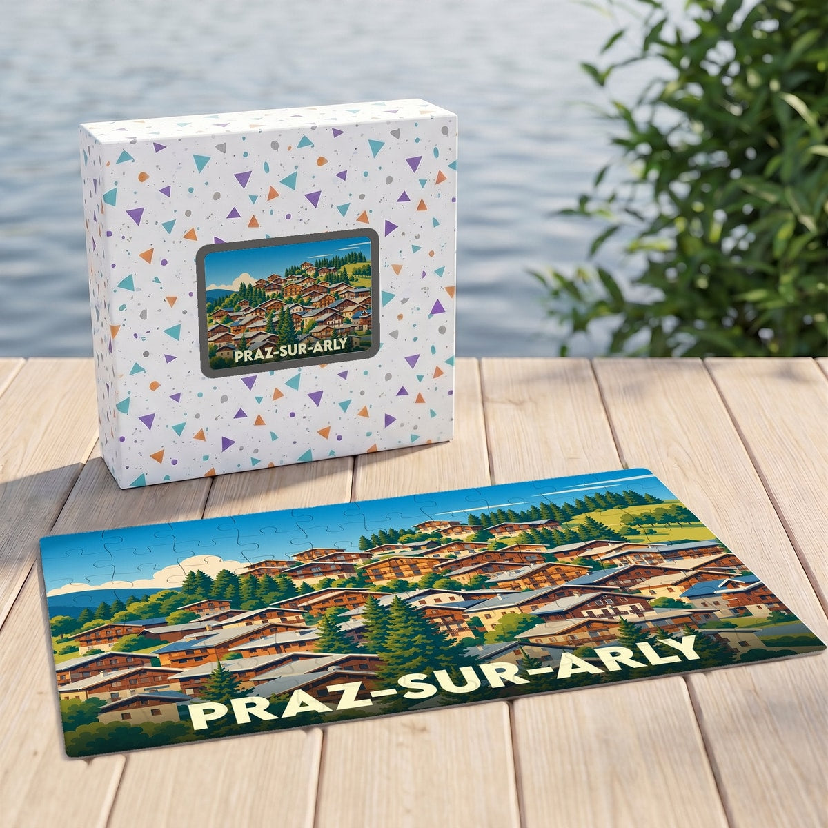 Puzzle souvenir de la commune de Praz-sur-Arly représentant un paysage de chalets montagnards.
