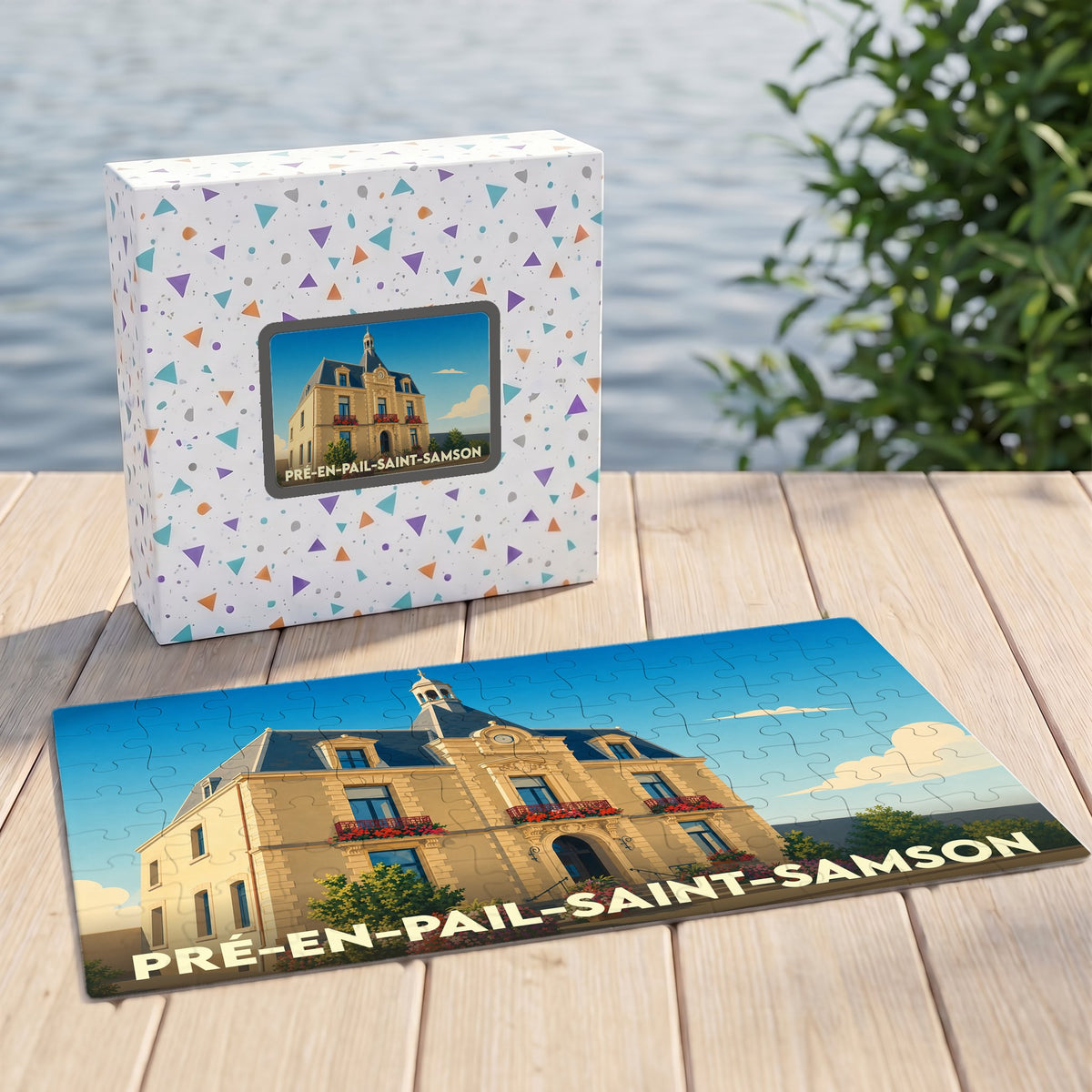 Puzzle souvenir de la ville de Pré-en-Pail-Saint-Samson avec une illustration stylisée de sa mairie.