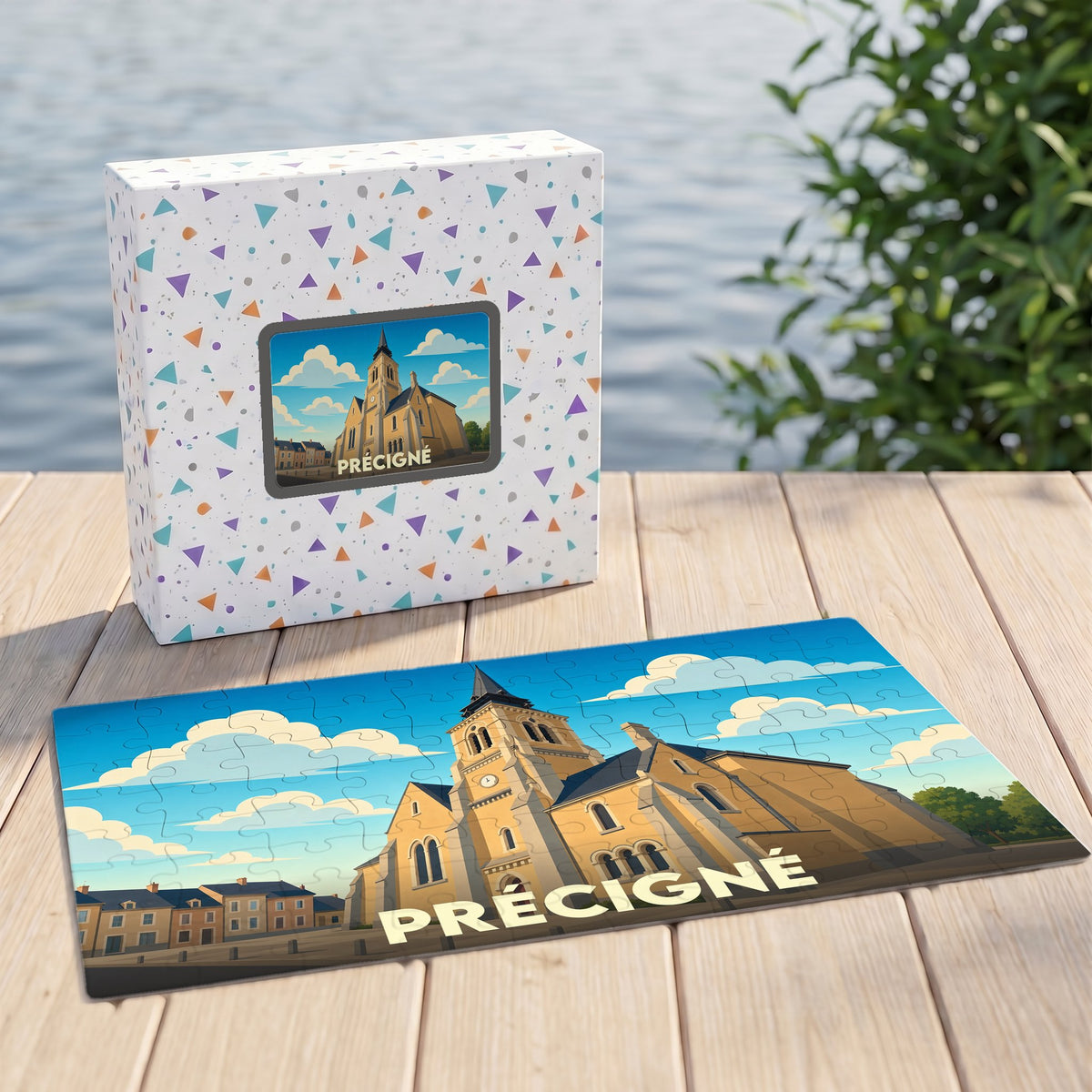 Puzzle souvenir de la ville de Précigné avec une illustration stylisée de son église.