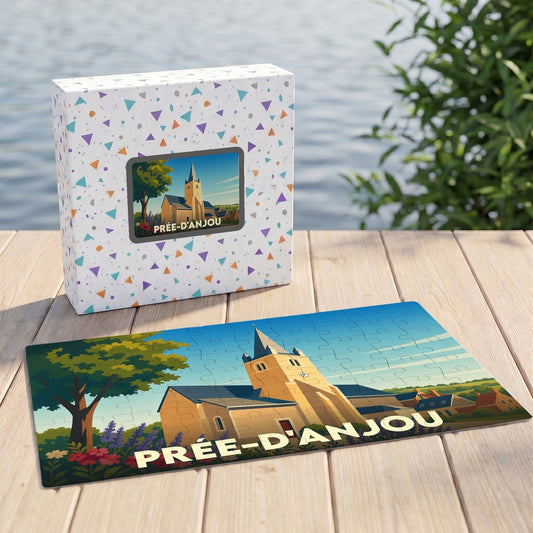 Puzzle souvenir de la commune de Prée-d'Anjou avec une illustration stylisée de son église.