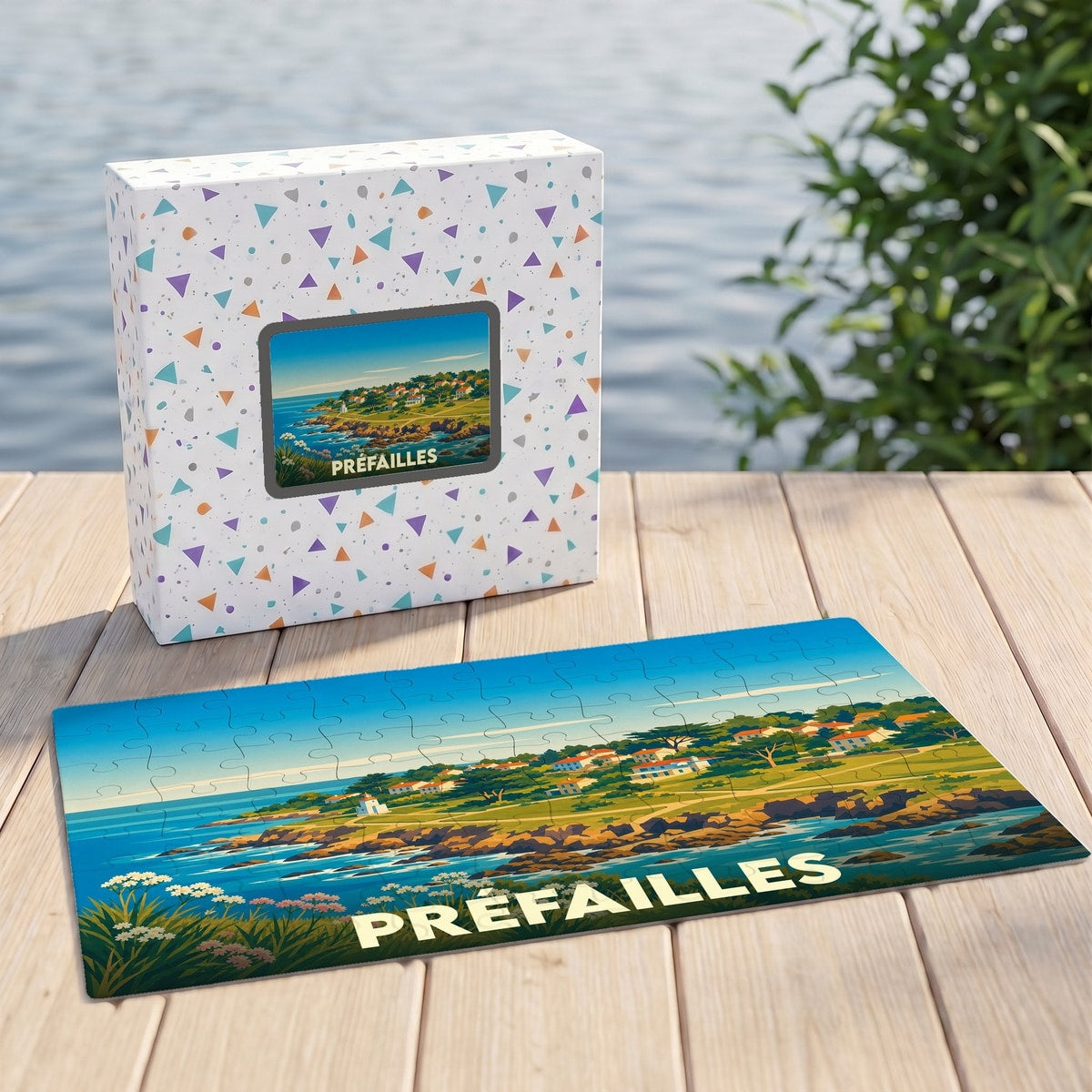 Puzzle souvenir de la ville de Préfailles avec une illustration stylisée de son littoral.
