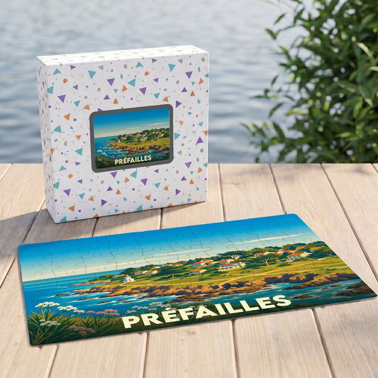 Puzzle souvenir de la ville de Préfailles avec une illustration stylisée de son littoral.