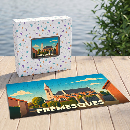 Puzzle souvenir de la ville de Prémesques illustrant son église dans un style graphique épuré.