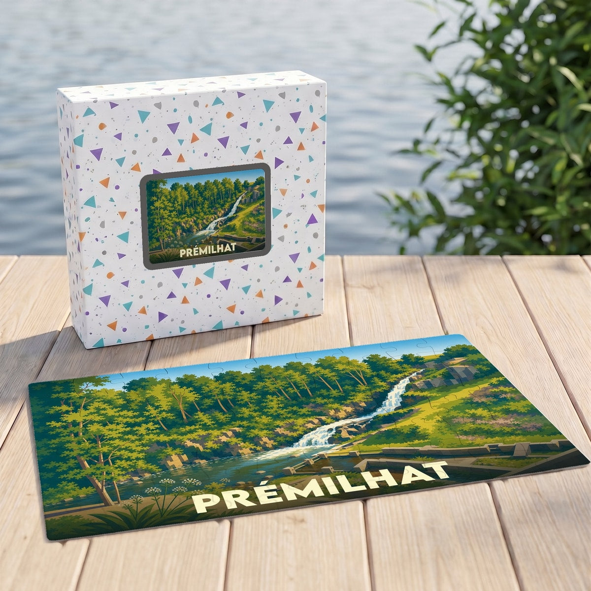 Puzzle souvenir de la ville de Prémilhat avec une illustration stylisée d'une cascade en forêt.