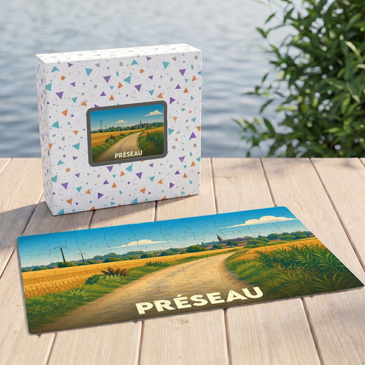 Puzzle souvenir de la ville de Préseau avec une illustration stylisée d'un paysage champêtre.
