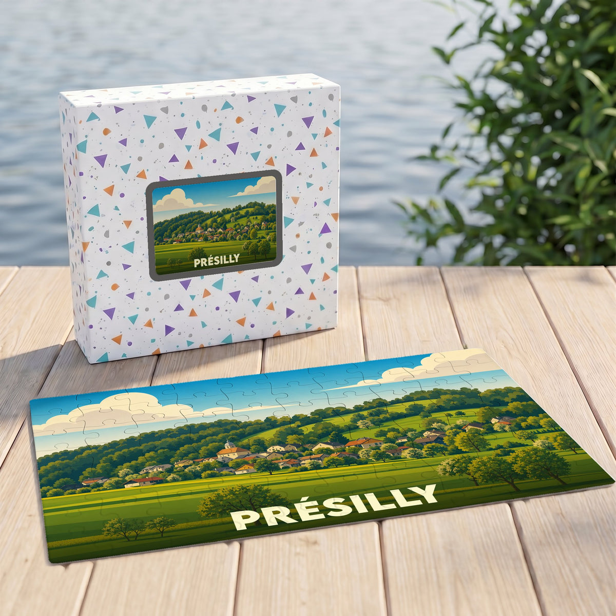 Puzzle souvenir de la ville de Présilly avec une illustration paysagère stylisée.