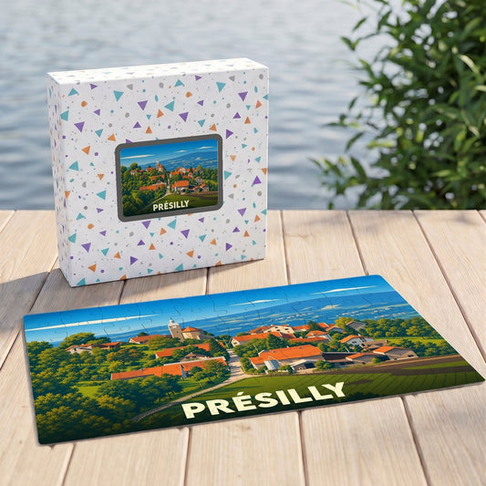 Puzzle souvenir de la ville de Présilly avec une illustration stylisée de ses paysages.