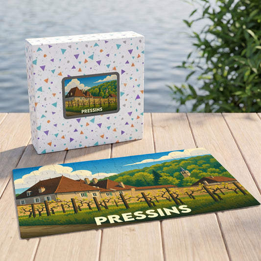 Puzzle souvenir de la ville de Pressins avec une illustration stylisée de son paysage champêtre.