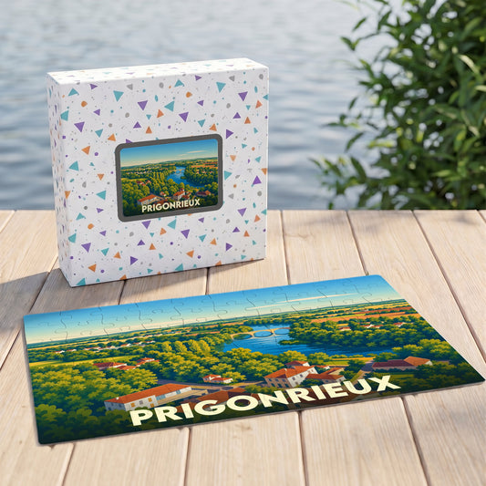 Puzzle souvenir de la ville de Prigonrieux avec une illustration paysagère colorée.