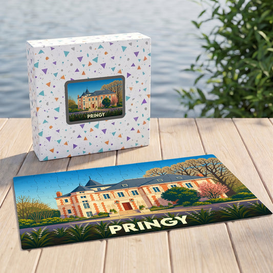 Puzzle souvenir de la ville de Pringy avec une illustration stylisée de son château.