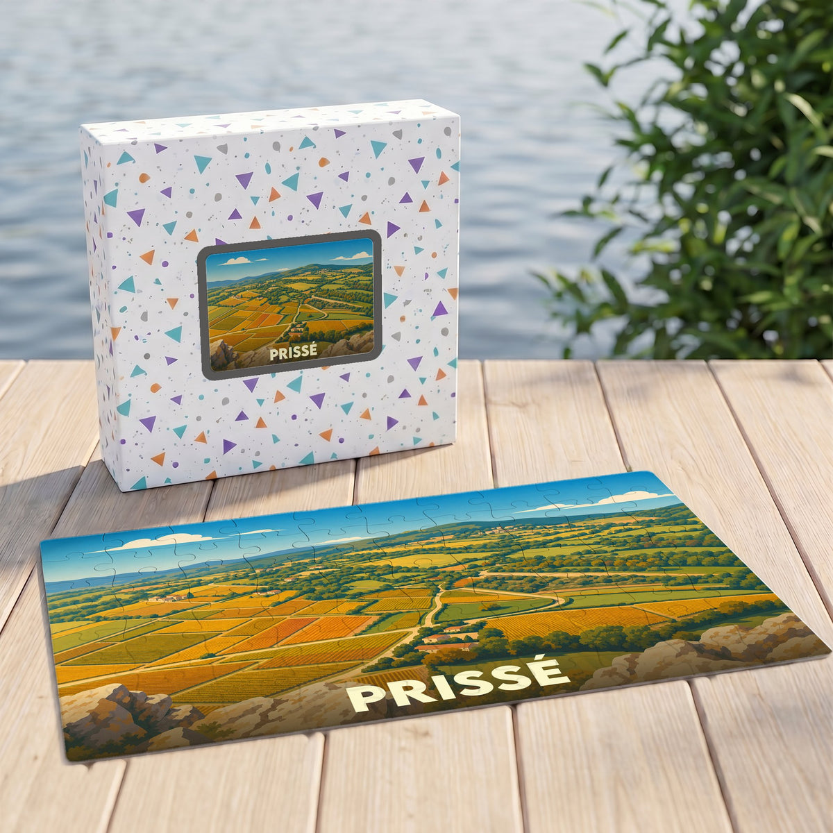Puzzle souvenir de la ville de Prissé illustrant ses paysages de vignobles ensoleillés.