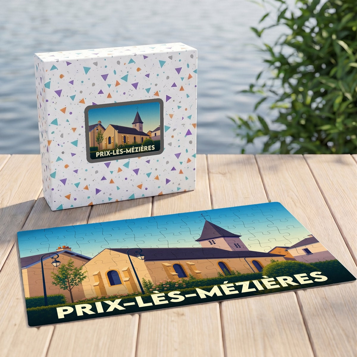 Puzzle souvenir de la ville de Prix-lès-Mézières avec une illustration stylisée de son église.