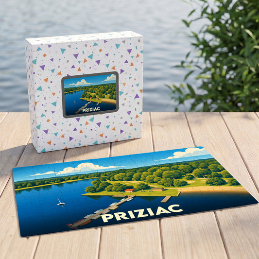 Puzzle souvenir de la ville de Priziac avec une illustration stylisée de son lac et de sa base nautique.