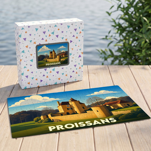 Puzzle souvenir de la ville de Proissans illustrant un château dans un style épuré.