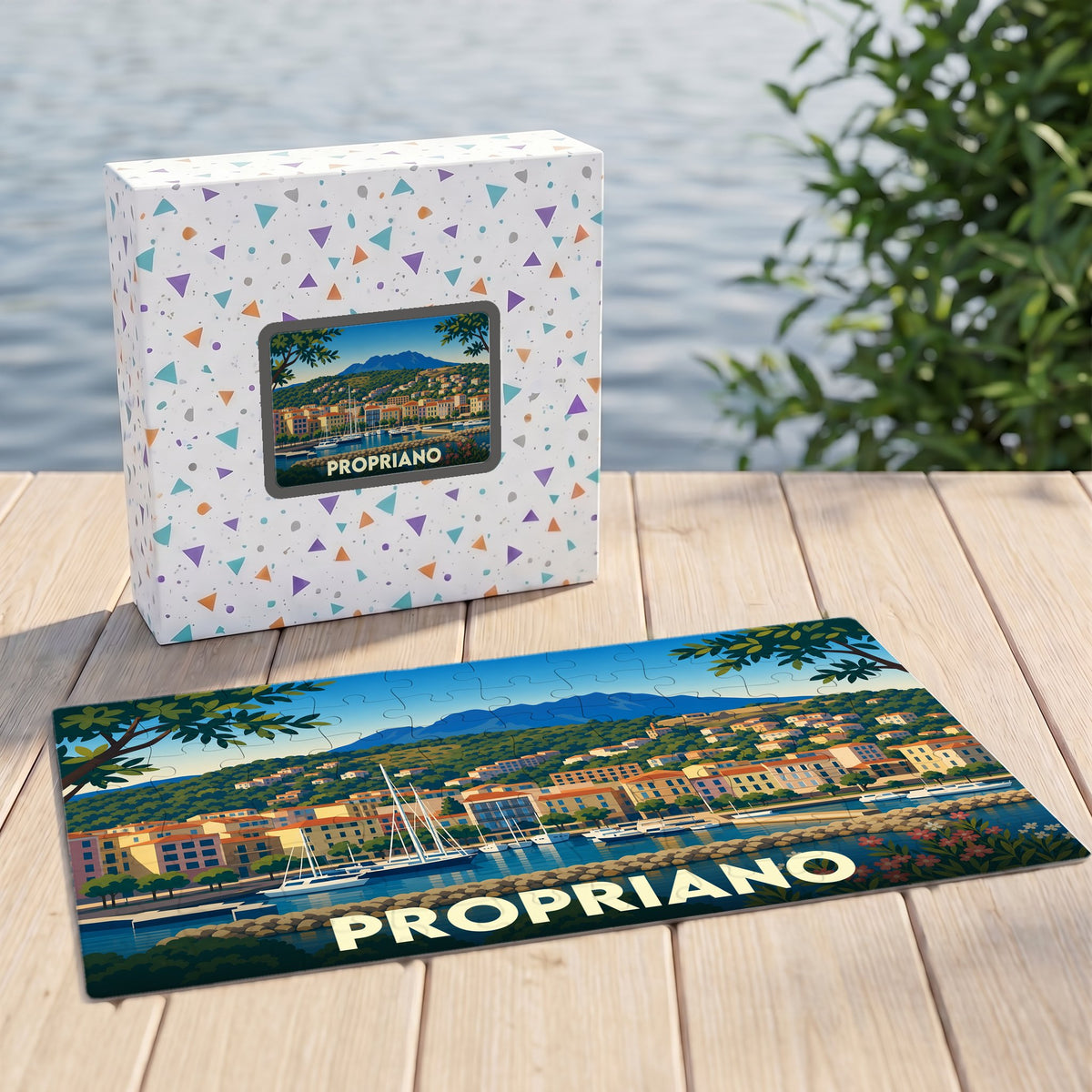 Puzzle souvenir de la ville de Propriano avec une illustration stylisée de son port et de son front de mer.