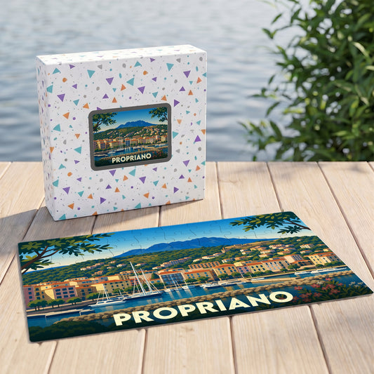 Puzzle souvenir de la ville de Propriano avec une illustration stylisée de son port et de son front de mer.