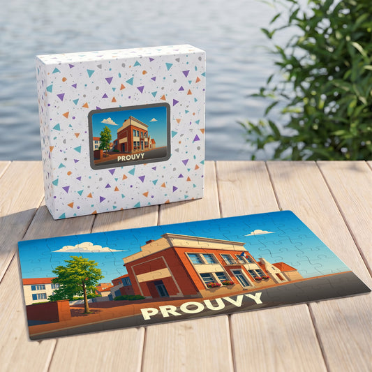 Puzzle souvenir de la ville de Prouvy avec une illustration stylisée et colorée.