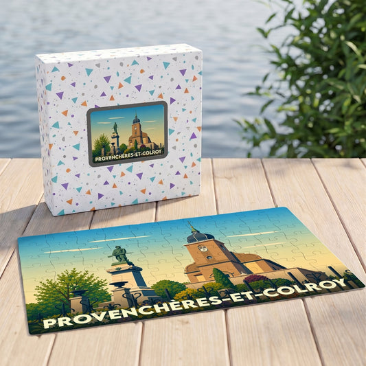 Puzzle souvenir de la ville de Provenchères-et-Colroy avec une illustration stylisée de son patrimoine.