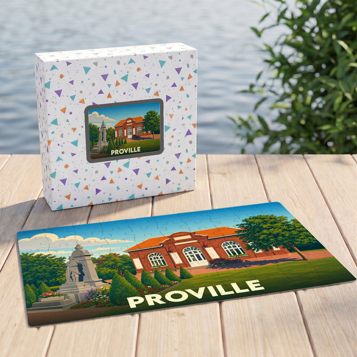 Puzzle souvenir de la ville de Proville avec une illustration stylisée de son patrimoine.