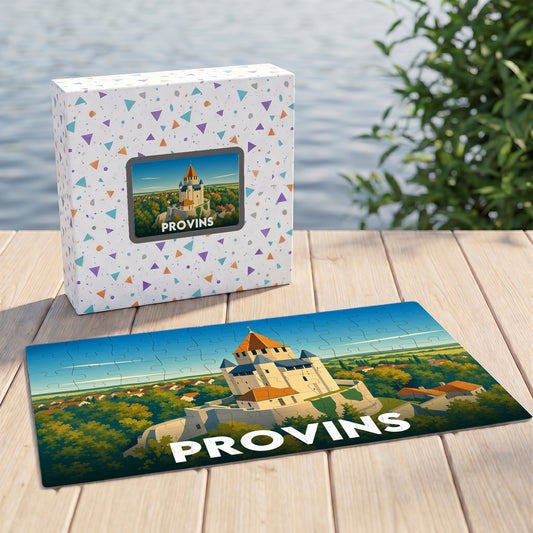 Puzzle souvenir de la ville de Provins illustrant son patrimoine médiéval avec un style graphique épuré.