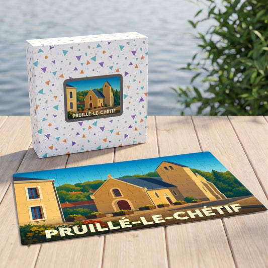Puzzle souvenir de la ville de Pruillé-le-Chétif avec une illustration stylisée de son église et de son architecture locale.