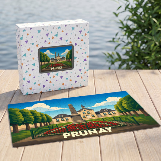Puzzle souvenir de la ville de Prunay avec une illustration stylisée.