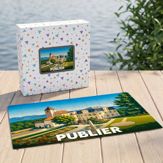 Puzzle souvenir de la ville de Publier avec une illustration stylisée de son patrimoine.