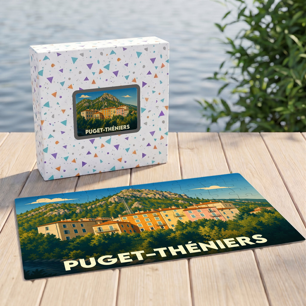 Puzzle souvenir de la ville de Puget-Théniers avec une illustration stylisée de ses façades colorées et montagnes environnantes.