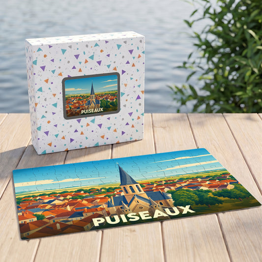 Puzzle souvenir de la ville de Puiseaux avec une illustration panoramique stylisée.