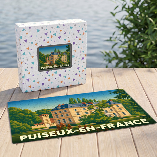 Puzzle souvenir de la ville de Puiseux-en-France avec une illustration stylisée d'un château.