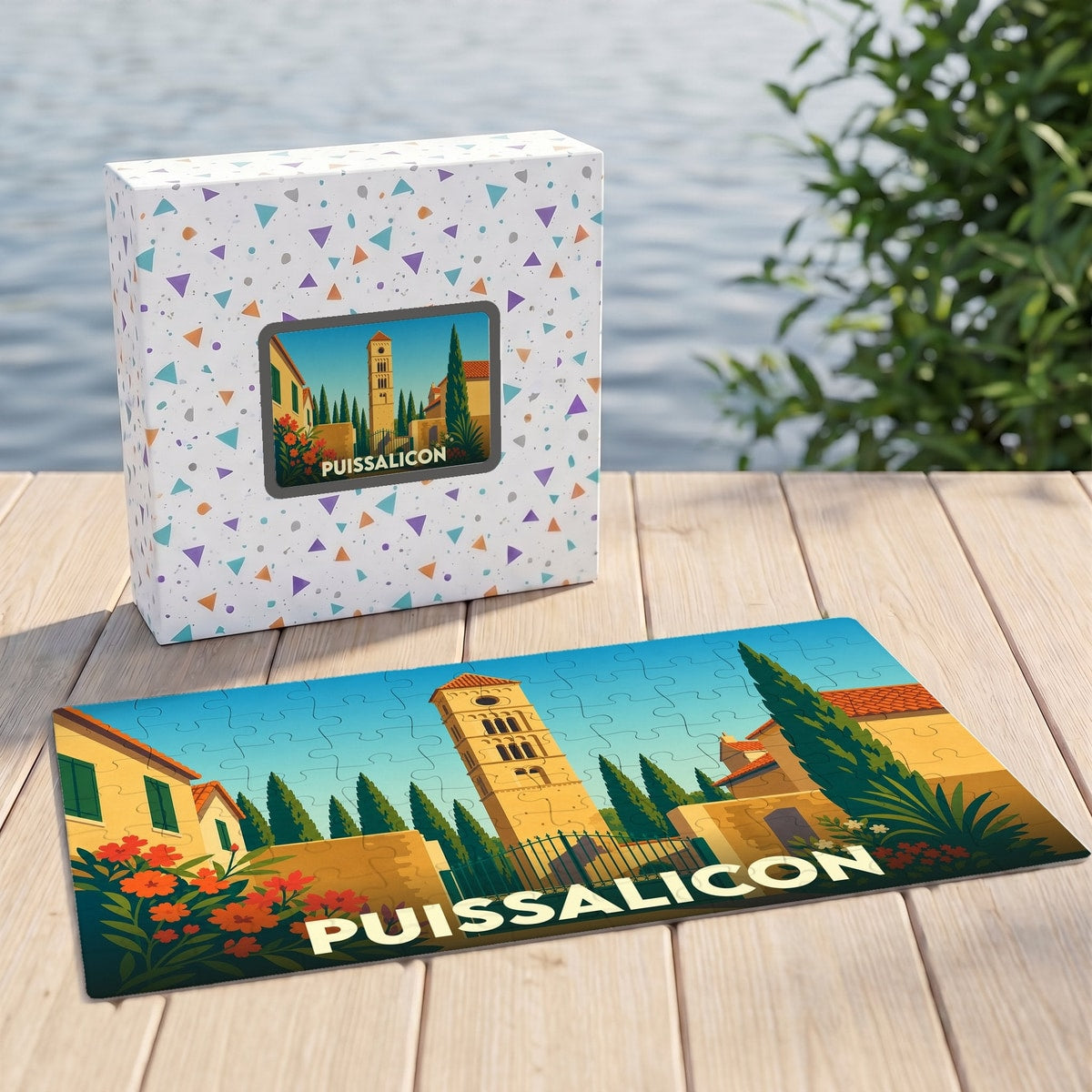 Puzzle souvenir de la ville de Puissalicon avec une illustration stylisée de sa tour romane.