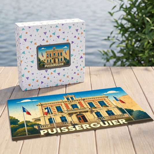 Puzzle souvenir de la ville de Puisserguier avec une illustration stylisée de sa mairie.