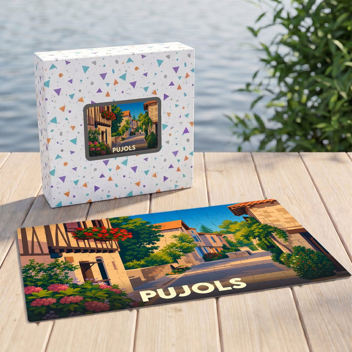 Puzzle souvenir de la ville de Pujols avec une illustration colorée et stylisée de ses ruelles.