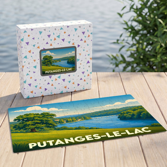Puzzle souvenir de la ville de Putanges-le-Lac avec une illustration stylisée d'un paysage de lac.