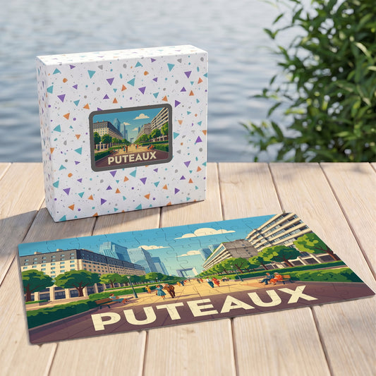Puzzle souvenir de la ville de Puteaux avec une illustration stylisée et colorée.