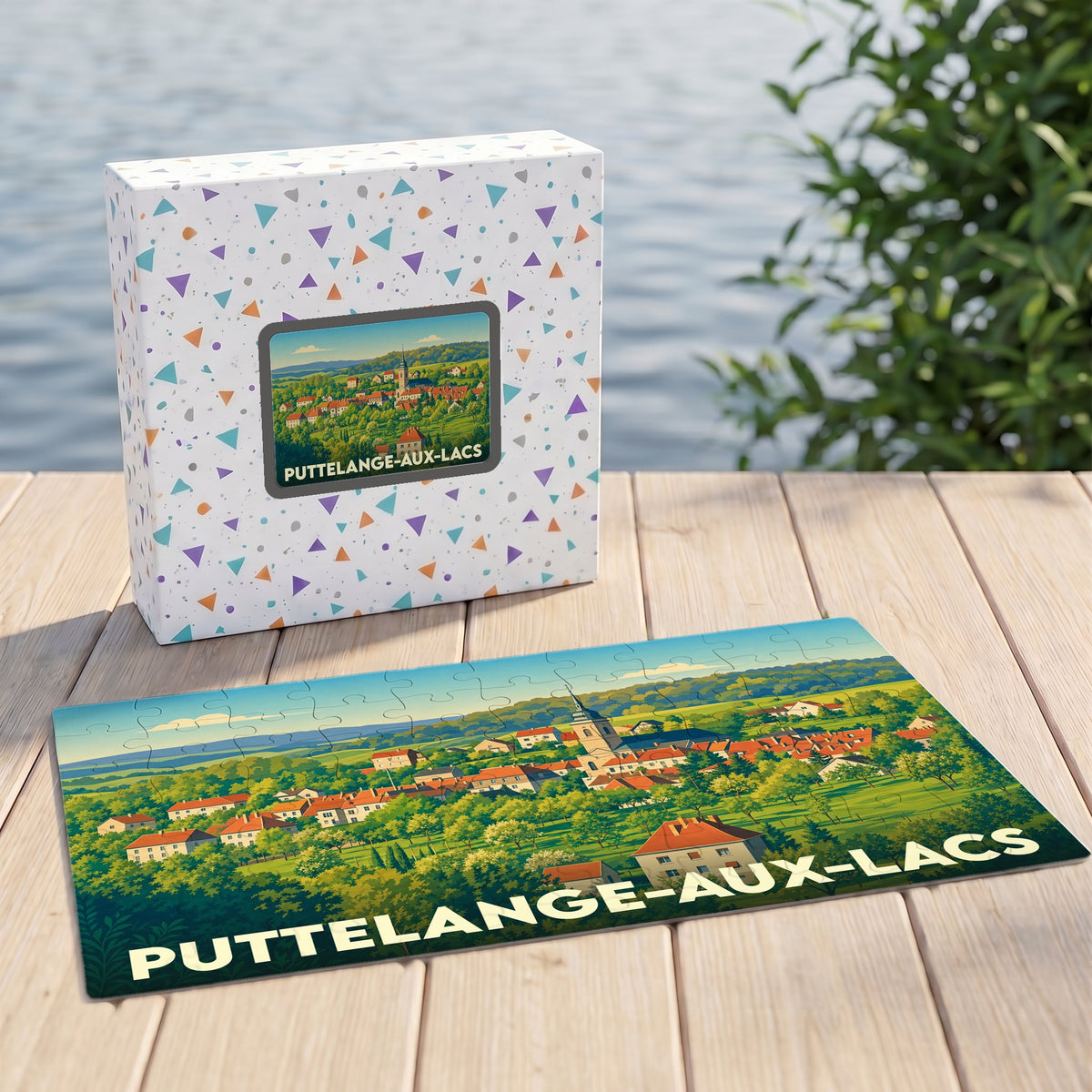 Puzzle souvenir de la ville de Puttelange-aux-Lacs avec une illustration stylisée et colorée du paysage urbain.