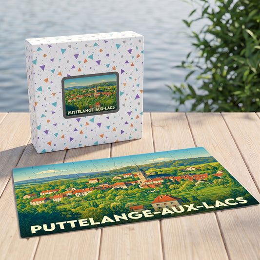 Puzzle souvenir de la ville de Puttelange-aux-Lacs avec une illustration stylisée et colorée du paysage urbain.