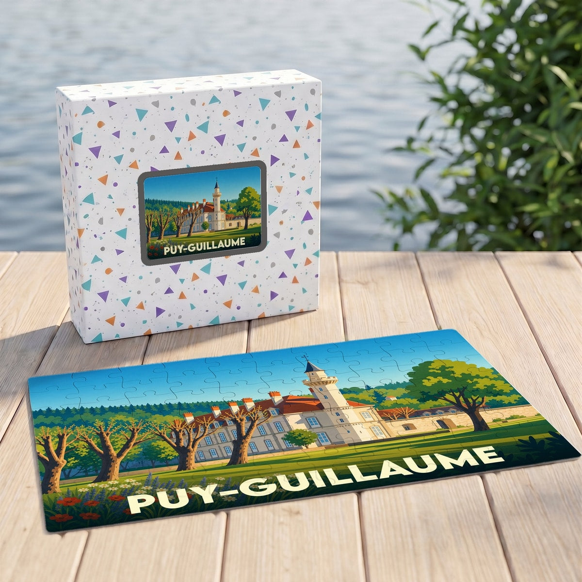 Puzzle souvenir de la ville de Puy-Guillaume avec une illustration stylisée d'un château.