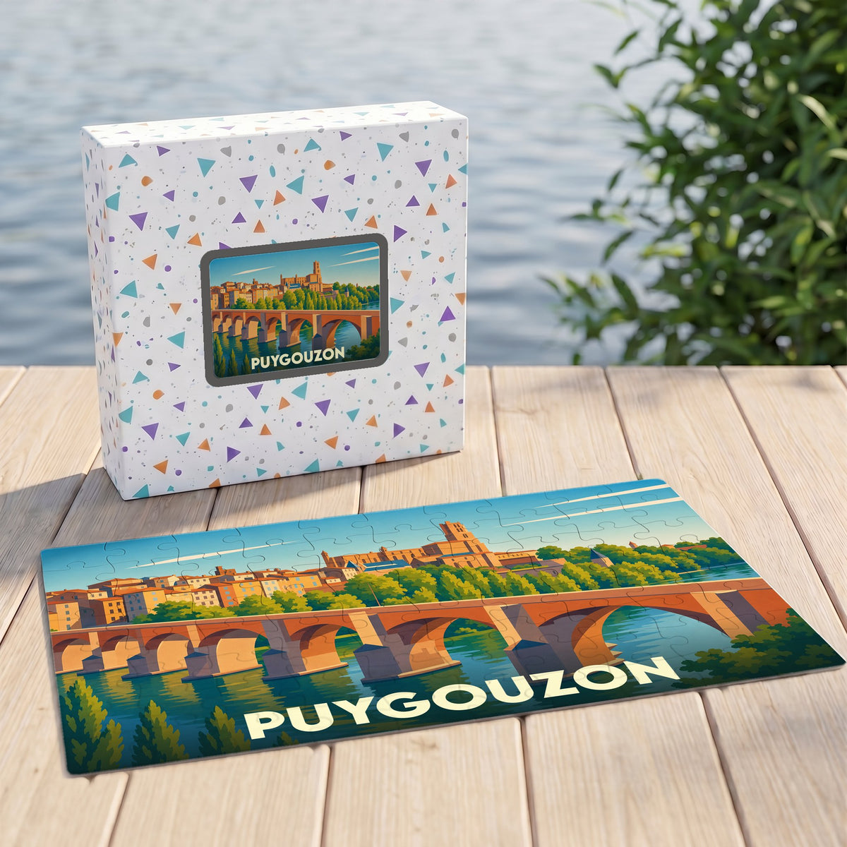 Puzzle souvenir de la ville de Puygouzon avec une illustration stylisée représentant son pont emblématique.