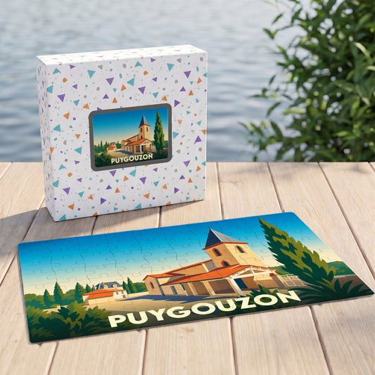 Puzzle souvenir de la ville de Puygouzon avec une illustration stylisée.