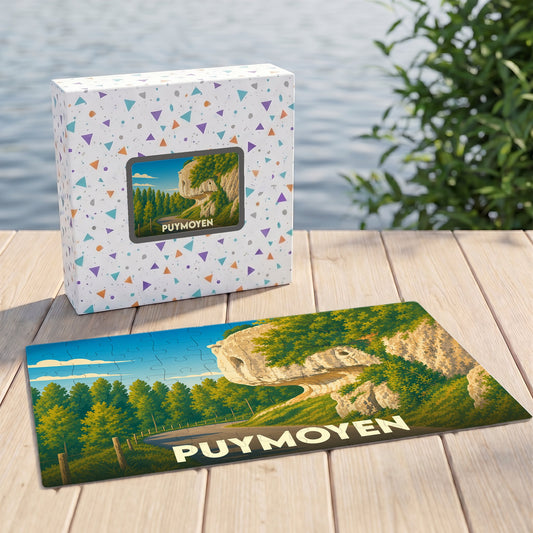 Puzzle souvenir de la ville de Puymoyen avec une illustration stylisée d'un paysage rocheux.