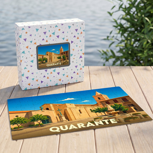 Puzzle souvenir de la ville de Quarante avec une illustration colorée et stylisée.