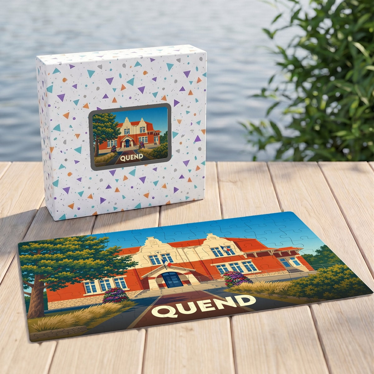 Puzzle souvenir de la ville de Quend avec une illustration stylisée de sa mairie.